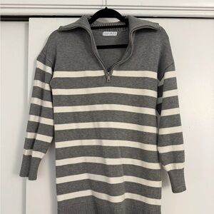 Primark Grey and White Striped Half-Zip Sweater